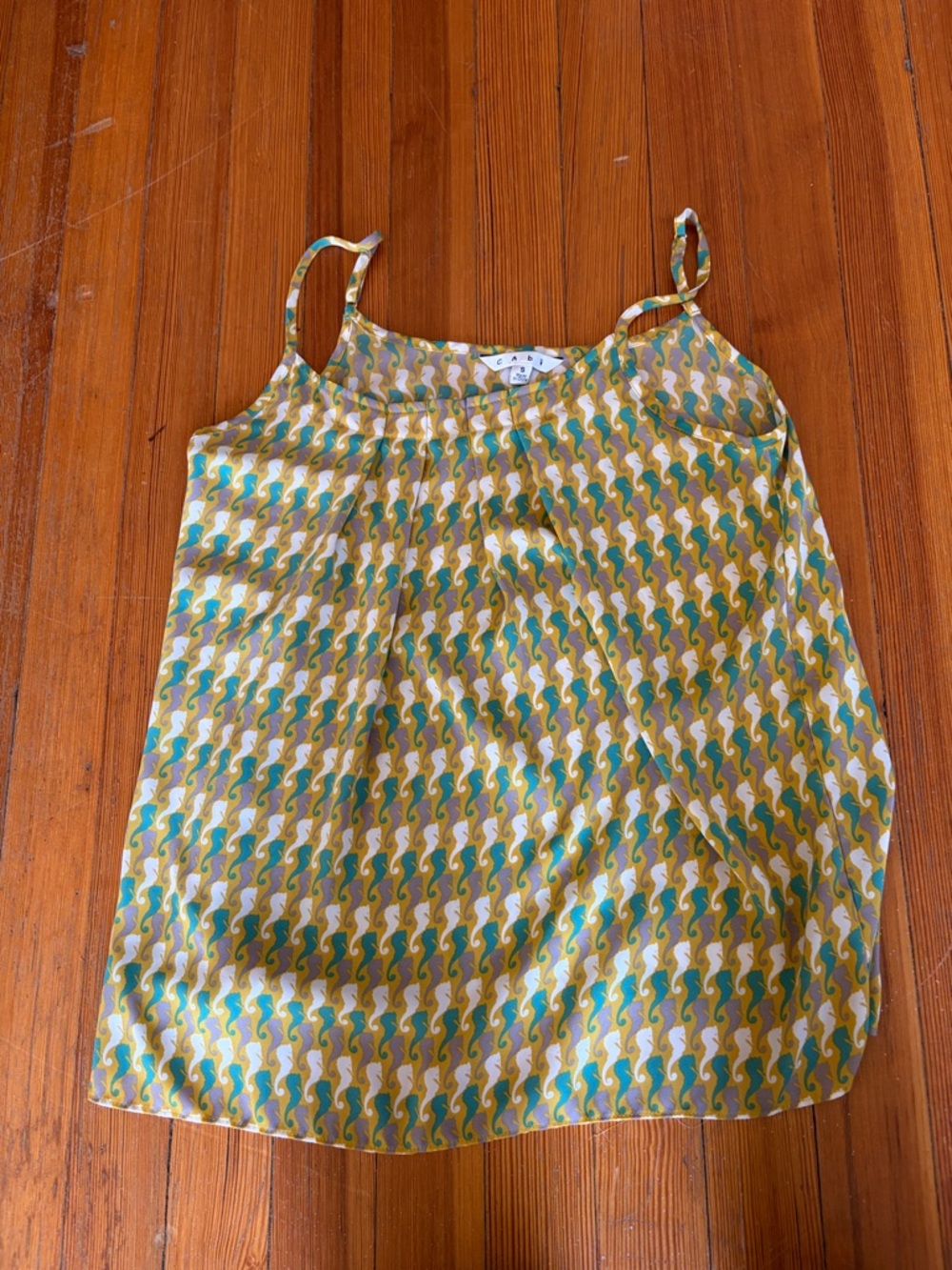 CAbi Green, Yellow & White Wave-Print Silk Camisole